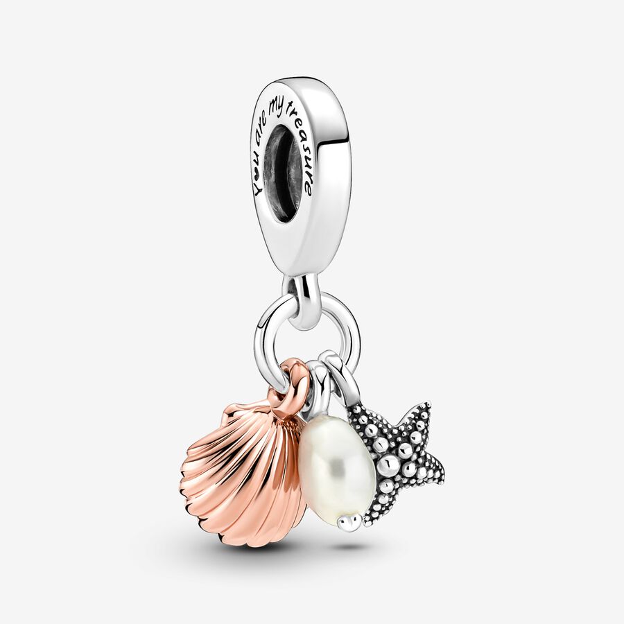 Treated Freshwater Cultured Pearl, Starfish & Shell Triple Dangle Charm image number 0