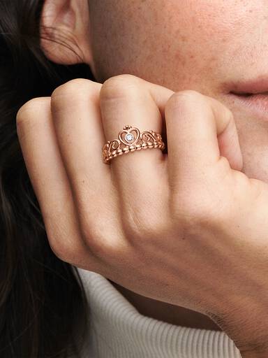 Δαχτυλίδι τιάρα με κυβ. ζιρκόνια, 14K rose gold-plated